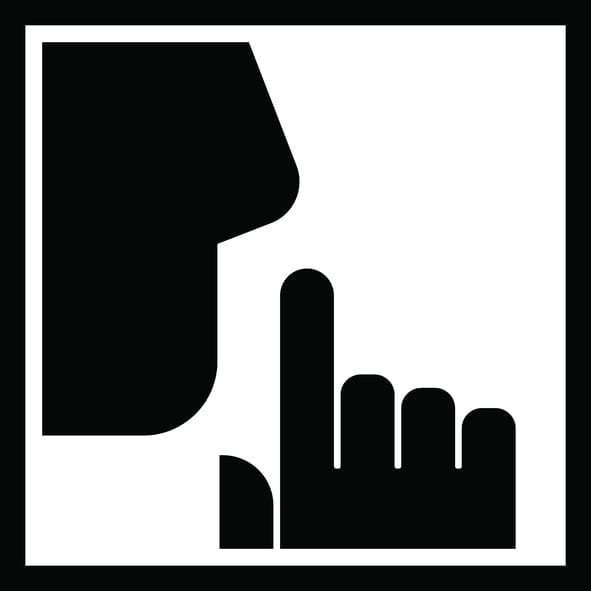 Black vector sign of man asking to keep silence holding his forefinger on his lips