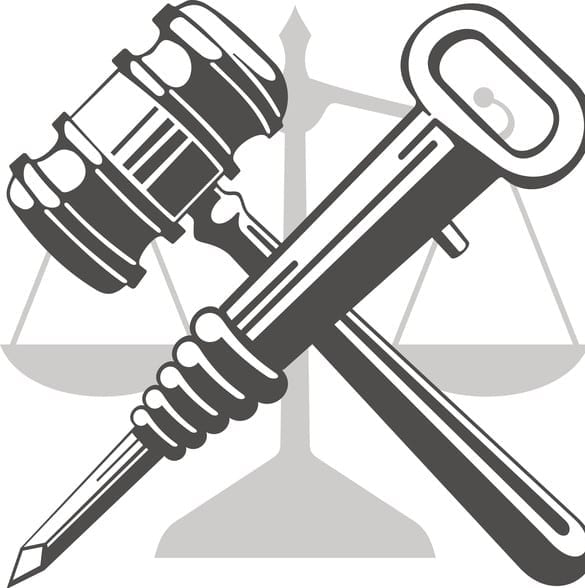 Gavel and jackhammer. Against the background of the scales there is a crossed hammer of a judge and a jackhammer. Vector is not a trace.