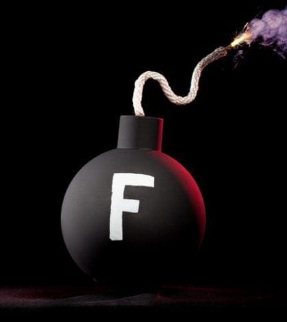 A picture of a bomb with the letter F on it.  A photographic reprensentation of the slang term F-bomb or Eff bomb.  When you say the "F" word it is said that you droped the "F-Bomb".