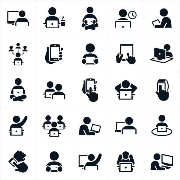 An icon set of people using desktop, laptop, tablet PC, smartwatch and smartphone computers or devices. The icons represent the digital world we live in.
