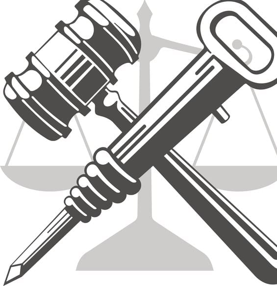 Gavel and jackhammer. Against the background of the scales there is a crossed hammer of a judge and a jackhammer. Vector is not a trace.