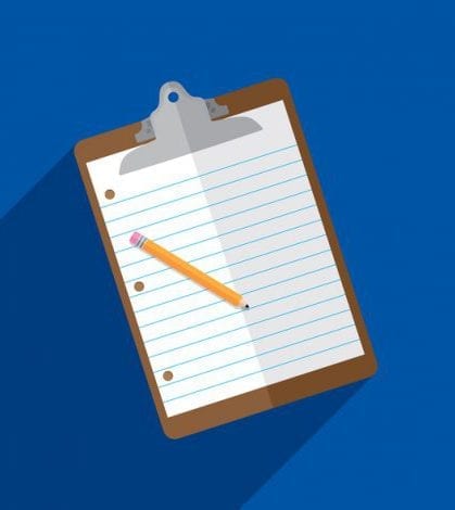 Vector illustration of a clipboard with paper and pencil against a blue background in flat style.