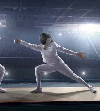 Female fencer fight on big professional stage woman lunging in fencing outfit