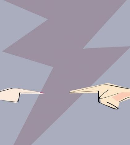 Male and female hands with pointing finger directed at each other. Vector illustration. Concept of arguing, accusation, business responsibility, gender, love relationship conflict.