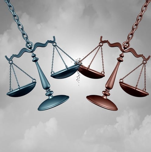 Legal battle lawsuit concept as two justice scales hitting each other as a justice court fight symbol representing a lawyer or attorney representation services with 3D illustration elements.