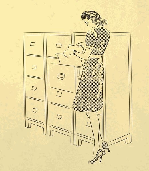 Young woman-secretary looking for documents in archives. Retro style