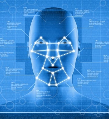 Facial recognition system display Facial recognition system showing a blue interface with a human head and biometrics data, with a grid of relevant points connected to facial features: used for survellaince, privacy control and identity tracking (Big Brother).