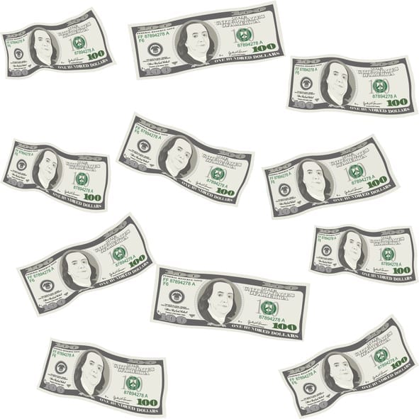 100 Dollar Banknotes. Seamless money pattern of one hundred dollar bills. Isolated on white. Concept of prosperity, success, growth in business. Flying, falling currency of US. Vector, flat style. 100 Dollar Banknotes. Seamless money pattern of one hundred dollar bills. Isolated on white. Concept of prosperity, success, growth in business. Flying, falling currency of US. Vector, flat style.