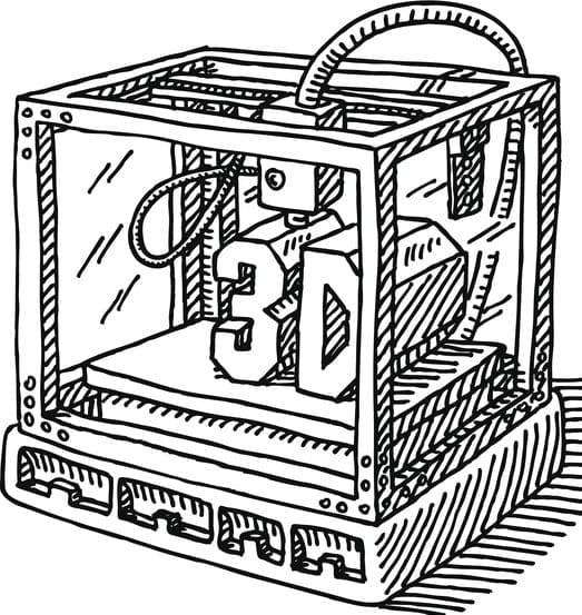 Hand-drawn vector drawing of a Contemporary 3D Printer. Black-and-White sketch on a transparent background (.eps-file). Included files are EPS (v10) and Hi-Res JPG.