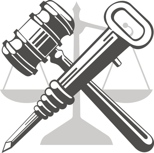 Gavel and jackhammer. Against the background of the scales there is a crossed hammer of a judge and a jackhammer. Vector is not a trace.