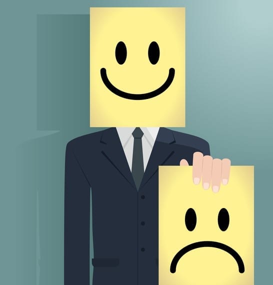 Businessman behind a happy mask holding an unhappy mask Businessman Characters Vector art illustration.Copy Space.