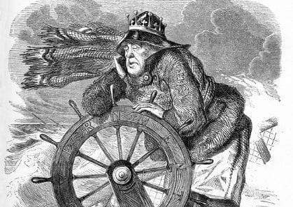 You are requested not to speak to the man at the wheel.   Vintage engraving showing a captain asleep at the wheel of the ship during a storm. Engraving from 1854, photo by D Walker.