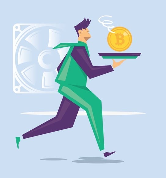 Businessman is carrying a fresh bitcoin on a tray Businessman is carrying a fresh bitcoin on a tray