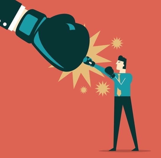 Businessman fighting Businessman fighting against big boxing glove. punching (hitting)
