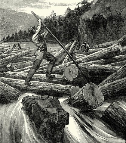 Vintage engraving of Canadian Lumberjacks clearing a log jam on a river, 1892. A log jam is an accumulation of large wood also commonly called large woody debris that can span an entire stream or river channel.