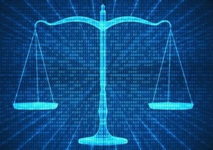 Cyberspace Laws Abstract digital composite of scales of justice and binary codes.