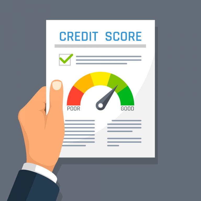 Businessman hand holding credit history finance document with score indicator. Mortgage approval vector concept. Credit history and rating illustration