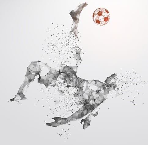 Silhouette of a football player. Dots, lines, triangles, text, color effects and background on a separate layers, color can be changed in one click. Vector illustration