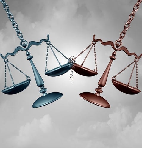 Legal BattleAnd Lawsuit Legal battle lawsuit concept as two justice scales hitting each other as a justice court fight symbol representing a lawyer or attorney representation services with 3D illustration elements.