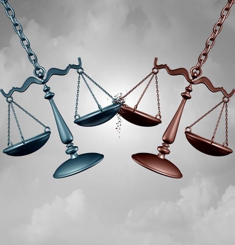 Legal battle lawsuit concept as two justice scales hitting each other as a justice court fight symbol representing a lawyer or attorney representation services with 3D illustration elements.