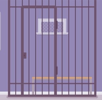 Police station office and policewoman working. Female officer sitting at workplace in city department, room interior with professional tools, wanted poster, gun cabinet, jail cell. Vector illustration