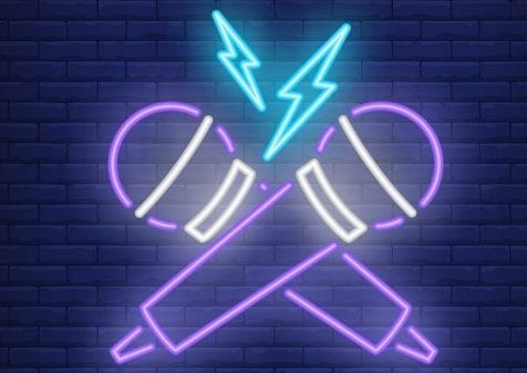 Rap battle neon icon. Crossed microphones and lightning on brick wall background. Show concept. Vector illustration can be used for neon signs, advertising, concert promotion