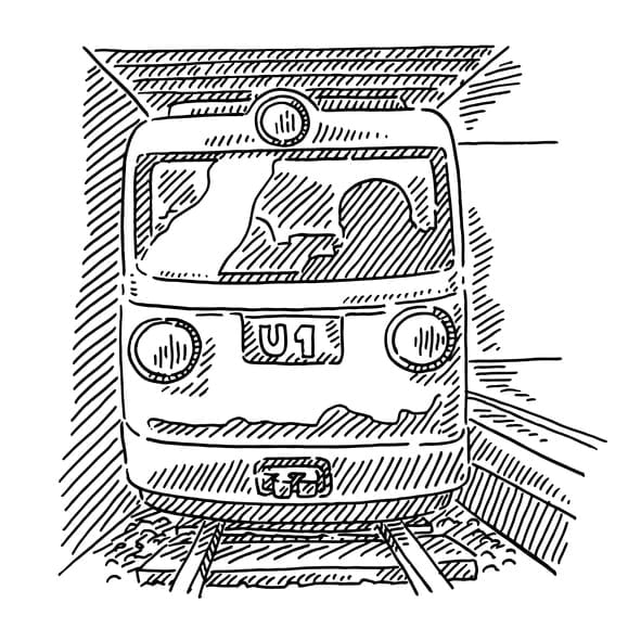 Hand-drawn vector drawing of a Subway Train, Public Transport. Black-and-White sketch on a transparent background (.eps-file). Included files are EPS (v10) and Hi-Res JPG.