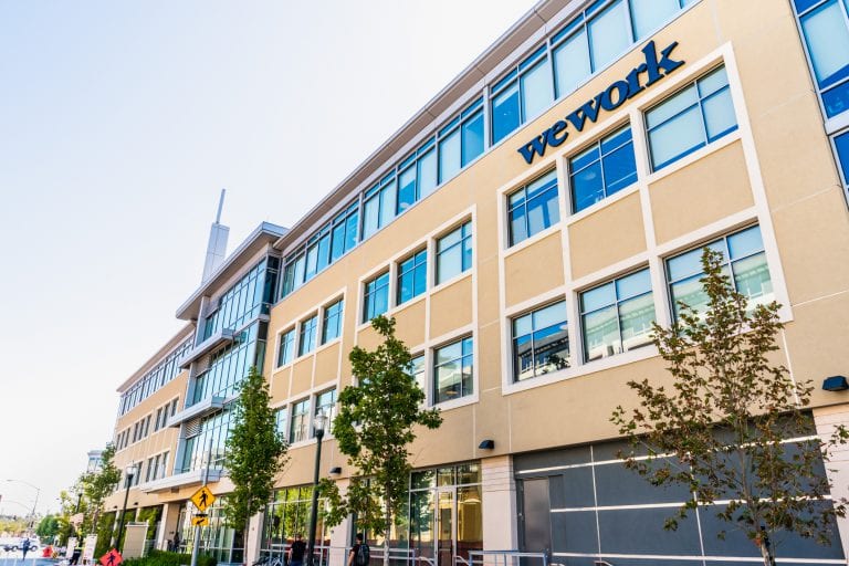 August 14, 2019 San Mateo / CA / USA - WeWork office building located in Silicon Valley; WeWork is an American company that provides shared workspaces