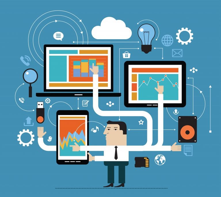 Business people in the online space. Network concept. Abstract illustration of man, computer, tablet, phone and interface icons. Business technology