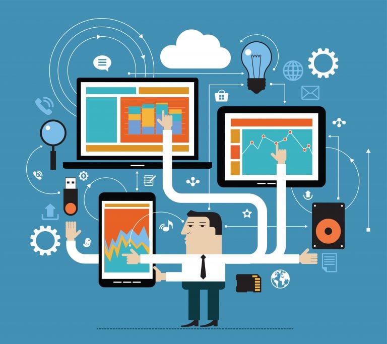 Businessman in network Business people in the online space. Network concept. Abstract illustration of man, computer, tablet, phone and interface icons. Business technology
