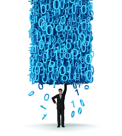 Big data businessman 3D render of businessman figure supporting mass of binary code