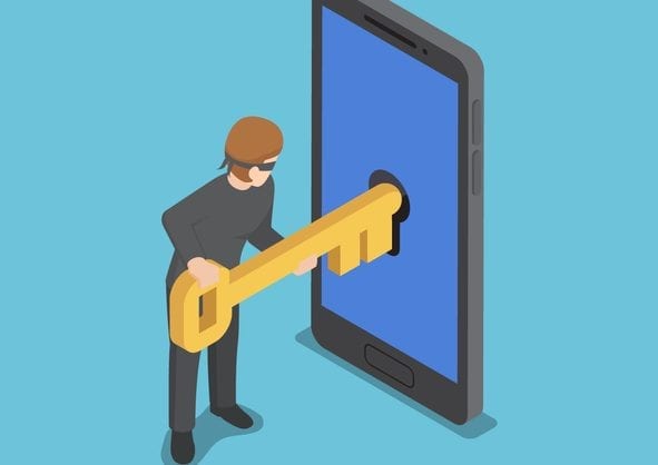 Isometric thief or hacker use key to hack into smartphone. Flat 3d isometric thief or hacker use key to hack into smartphone. hacker and cyber security network concept.