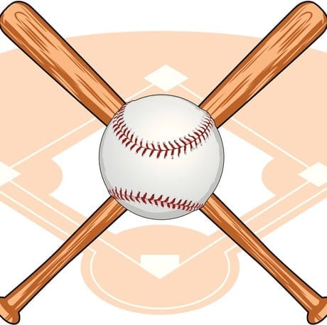 Baseball and Crossed Bats Graphic of a baseball and crossed bats against a baseball diamond