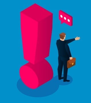 Question and answer concept, two businessmen standing next to the question mark and exclamation mark Question and answer concept, two businessmen standing next to the question mark and exclamation mark