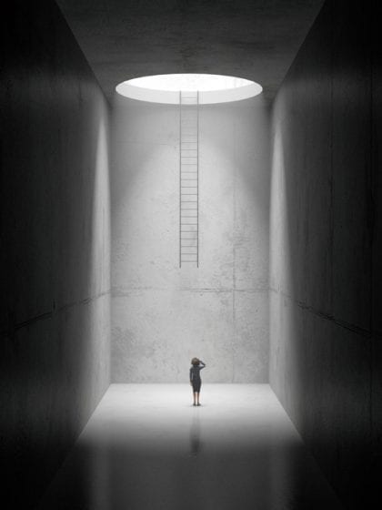A woman standing at the bottom of an empty concrete space, unable to get out. 3D render