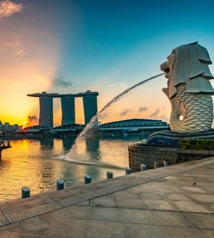 Singapore - September 14, 2019: The Merlion statue fountain and the Singapore skyline. The landmark statue is considered the personification of Singapore.