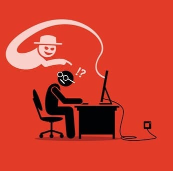 Internet Cyber Scammer Trying to Cheat an Internet User. Artwork Illustration depicts electronic scam, con artist, cyber crime, hack, hacker, and phishing site.