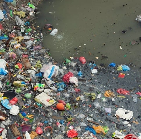 Water pollution Lots of garbage floating on a small river near the sea.