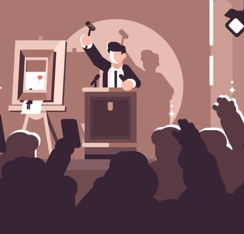 People at auction of art flat poster People at auction of art flat poster. Auction process with man holding gavel behind special stand near picture and human raised hands and bidding in front of him vector illustration