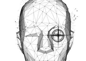 Robot or cyborg man with AI - artificial intelligence. facial recognition.  Biometric scanning, 3D scanning. Face ID.  scan technology.Polygon vector wireframe vector. RPA.