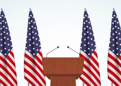 Wooden Podium Speaker Tribune with United States flags on background. US Election 2016 symbol. Vector Illustration Isolated