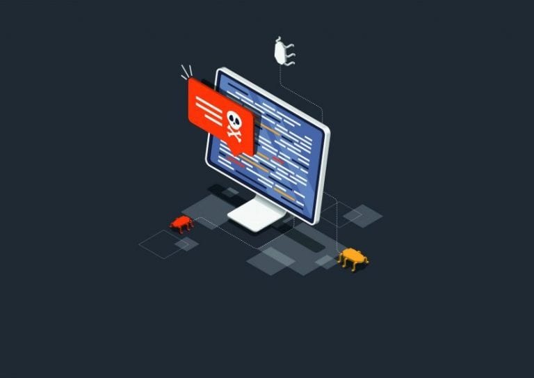 Isometric Virus protection concept. Internet security. Cyber attack on the computer. Computer protection by antivirus software. Protective laptop and shield. Vector illustration.