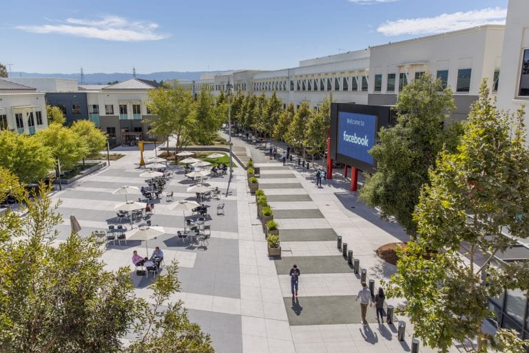 Menlo Park, California United States - August 29, 2016: Looking out at the main campus of Facebook headquarters in Menlo Park California, the online social media and social networking service started in 2004 by Mark Zuckerberg.