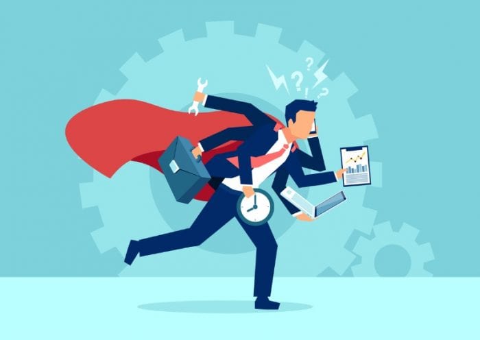 vector-of-a-business-man-super-hero-running-in-a-hurry-multitasking-vector-id1153514956