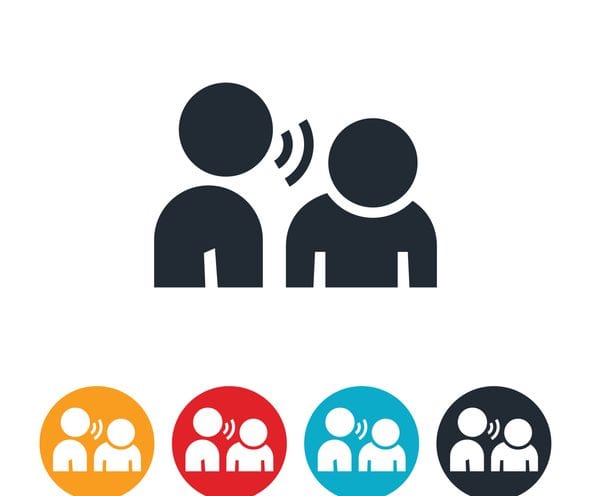 Abusive Language Icon An icon of a person saying something bad or unwelcome to another person. The person being talked to puts their head down in sadness. The icon symbolizes abusive language, bullying or sexual harassment.
