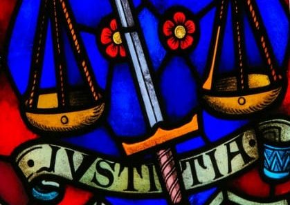 painting stained glass justice 621131766 420 Stained Glass window representing Justice, symbolized by sword and balance, in the Cathedral of Saint Rumbold in Mechelen, Belgium.