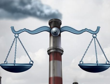 Environmental law symbol as an industrial smoke stack shaped as a justice scale as a metaphor for pollution regulations and clean air legislation with 3D illustration elements.