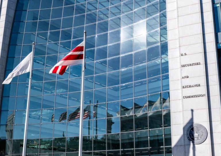 United States Securities and Exchange Commission SEC architecture closeup with modern building sign and logo with red flags by glass windows Washington DC, USA - October 12, 2018: United States Securities and Exchange Commission SEC architecture closeup with modern building sign and logo with red flags by glass windows