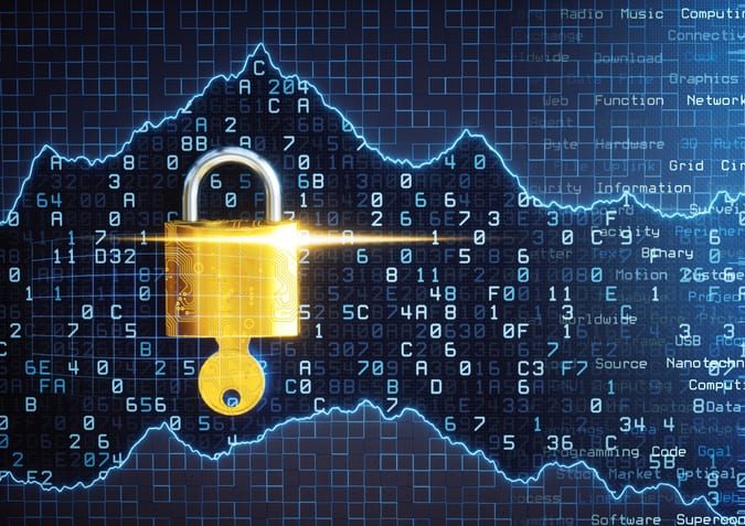 Golden Digital Padlock On Data Graph Front view on a golden circuitry padlock lying on encrypted data surface. The image is overlaid with infographics and words from the IT world.
This image represents a conceptual design in the domain of IT, cyberspace, cyber security, communication or similar industry sectors. The image is a made up 3D concept render.