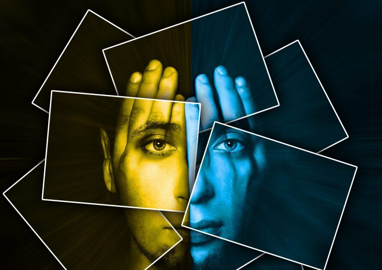 Face shines through hands, face is divided into many parts by cards , double exposure Face shines through hands, face is divided into many parts by cards , double exposure